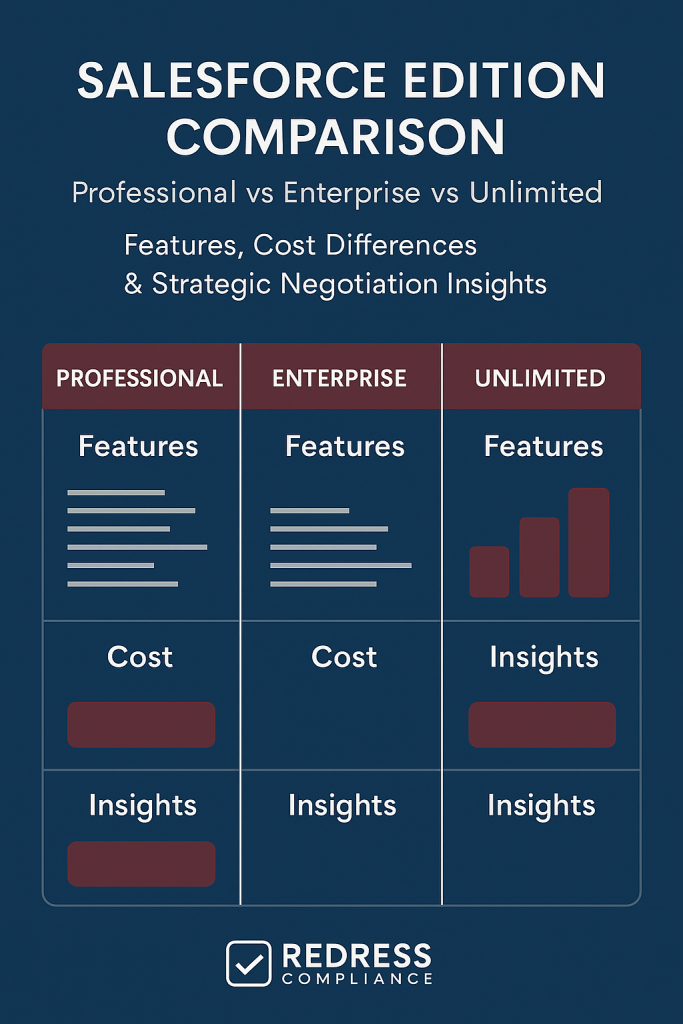 Salesforce Edition Comparison Professional vs Enterprise vs Unlimited — Features, Cost Differences & Strategic Negotiation Insights